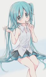 Rule 34 | 1girl, absurdres, aqua eyes, aqua hair, bare shoulders, black skirt, feet out of frame, grey background, grey shirt, hair tie, hair tie in mouth, hatsune miku, highres, hitode, holding, holding own hair, looking at viewer, miniskirt, mouth hold, pleated skirt, shirt, side ponytail, sitting, skirt, sleeveless, sleeveless shirt, solo, vocaloid