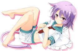 Rule 34 | 10s, 1girl, barefoot, cat tail, feet, frilled pillow, frills, full body, kantai collection, kemonomimi mode, looking at viewer, midriff, neckerchief, noa (nagareboshi), personification, pillow, purple hair, red eyes, school uniform, short hair, short sleeves, shorts, simple background, solo, tail, tama (kancolle), toe scrunch, toes, white background