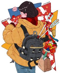 Rule 34 | 1girl, 2023, animal print, arrow (projectile), artist name, backpack, bag, black bag, black hair, blue background, blue pants, chinese zodiac, commentary request, enpera, fish, flower (symbol), freckles, from behind, glasses, hair ornament, hairclip, hamaya, happy new year, heart, highres, holding, jacket, key, long sleeves, looking at object, multicolored background, new year, object request, onoconokoko0625, original, padded jacket, pants, paper bag, rabbit print, red background, red scarf, red sweater, retro artstyle, rimless eyewear, round eyewear, scarf, shopping bag, solo, sweater, thought bubble, white background, white rabbit (animal), year of the rabbit, yellow background, yellow jacket, zipper