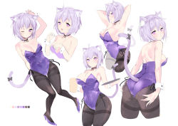Rule 34 | 1girl, ahoge, animal ear fluff, animal ears, ass, bare shoulders, black choker, black pantyhose, blush, breasts, cat ears, cat girl, cat tail, choker, cleavage, commentary, english commentary, hair between eyes, high heels, hololive, kittysuit, kogeneko, large breasts, leotard, looking at viewer, nekomata okayu, nontraditional playboy bunny, one eye closed, open mouth, pantyhose, purple eyes, purple footwear, purple hair, purple pantyhose, short hair, simple background, sketch, smile, strapless, strapless leotard, tail, thighband pantyhose, virtual youtuber, white background, wrist cuffs