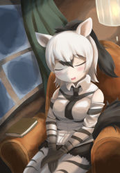 Rule 34 | 1girl, aardwolf (kemono friends), aardwolf print, absurdres, animal ears, armchair, bare shoulders, black hair, black necktie, black shorts, blush, book, breast pocket, chair, closed eyes, collared shirt, drooling, elbow gloves, fisheye, gloves, hair between eyes, high ponytail, highres, indoors, kemono friends, lamp, long hair, mouth drool, multicolored hair, necktie, own hands together, pale skin, pantyhose, parted lips, pocket, print gloves, print pantyhose, print shirt, rain, rote sonne, shirt, short shorts, shorts, sitting, sleeping, sleeveless, sleeveless shirt, smile, solo, tail, two-tone hair, v arms, water, white hair, window, wing collar