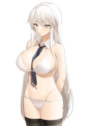 Rule 34 | 1girl, absurdres, arms behind back, azur lane, bare shoulders, between breasts, bikini, black thighhighs, breasts, character request, check character, cleavage, collar, enterprise (azur lane), highres, large breasts, long hair, lordol, navel, necktie, necktie between breasts, purple eyes, simple background, solo, standing, swimsuit, thighhighs, white bikini, white hair