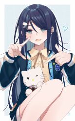 Rule 34 | 1girl, absurdres, blue hair, blush, cat hair ornament, grey eyes, hair ornament, hairclip, heart, highres, jacket, long hair, long sleeves, looking at viewer, open mouth, project sekai, ritzchrono, shirt, sitting, solo, star (symbol), stuffed animal, stuffed cat, stuffed toy, yellow shirt