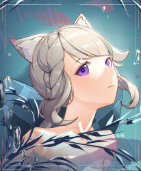 Rule 34 | 1girl, absurdres, animal ear fluff, animal ears, bare shoulders, bow, braid, breasts, cat ears, cat girl, collarbone, commentary, english commentary, genshin impact, grey hair, hair bow, hair ribbon, head tilt, highres, long hair, looking at viewer, lynette (genshin impact), medium breasts, parted bangs, portrait, purple eyes, ribbon, sidelocks, simple background, single braid, solo, topless, zx961219