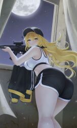 Rule 34 | 1girl, ?, absurdres, ass, assault rifle, bare arms, bare shoulders, baseball cap, bent over, black hat, black shorts, blonde hair, breasts, commission, crop top, dolphin shorts, from behind, full moon, green eyes, gun, hat, highres, holding, holding gun, holding weapon, jacket, large breasts, legs, long hair, looking at viewer, looking back, midriff, moon, original, rifle, second-party source, shirt, short shorts, shorts, sleeveless, sleeveless shirt, solo, sports bra, standing, star (sky), taesseung, thighs, unworn jacket, very long hair, weapon, white shirt, window