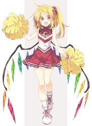 Rule 34 | 1girl, ahoge, bare shoulders, blonde hair, blush, cheerleader, commentary request, crystal, dress, fangs, flandre scarlet, full body, looking at viewer, open mouth, pleated dress, pom pom (cheerleading), red eyes, satou kibi, scrunchie, shoes, short hair, short hair with long locks, side ponytail, simple background, smile, sneakers, socks, solo, teeth, touhou, two-tone background, typo, wings, wristband