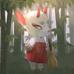 Rule 34 | animal crossing, bamboo, broom, cochi 62, deer, green background, highres, japanese clothes, nintendo, shino (animal crossing), standing