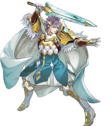 Rule 34 | 1boy, aqua eyes, arm guards, arm up, armor, blue hair, boots, cape, feather trim, fighting stance, fire emblem, fire emblem heroes, full body, gauntlets, gloves, highres, holding, holding sword, holding weapon, hrid (fire emblem), knee boots, long sleeves, looking away, maeshima shigeki, male focus, multicolored hair, nintendo, non-web source, official art, open mouth, pants, puffy sleeves, short hair, shoulder armor, silver hair, solo, striped, sword, transparent background, weapon