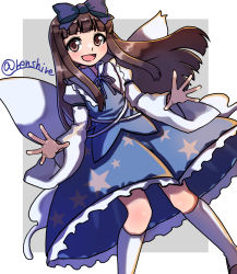 Rule 34 | 1girl, blue skirt, blunt bangs, brown eyes, brown footwear, brown hair, collared shirt, fairy, fairy wings, foot out of frame, frilled skirt, frills, happy, highres, kneehighs, loafers, long hair, long sleeves, one-hour drawing challenge, open mouth, renshirenji, shirt, shoes, sidelocks, skirt, socks, star (symbol), star print, star sapphire, touhou, very long hair, white shirt, white socks, wide sleeves, wings