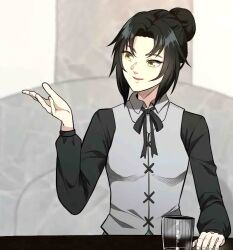 Rule 34 | 1girl, black hair, black shirt, closed mouth, formal, grey jacket, hand up, helen shard, highres, jacket, long hair, long sleeves, shirt, sitting, sitting on person, smile, solo, suit, the beginning after the end, very long hair, yellow eyes