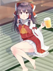 Rule 34 | 1girl, alcohol, ascot, bare legs, bare shoulders, barefoot, beer, beer mug, blush, bow, breasts, brown eyes, brown hair, collared vest, commentary request, cup, detached sleeves, drunk, feet out of frame, foam, frilled skirt, frills, hair tubes, hakurei reimu, highres, holding, medium hair, mug, parted lips, red bow, red skirt, red vest, ribbon-trimmed sleeves, ribbon trim, sidelocks, sitting, skirt, small breasts, solo, tatami, thighs, toes, touhou, vest, white sleeves, wide sleeves, yellow ascot, yokozuwari, yurara (aroma42enola)