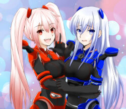 Rule 34 | 2girls, black bodysuit, blue eyes, blue hair, blurry, blurry background, bodysuit, breasts, commentary request, cropped torso, fang, fang out, happy, headlight, highres, light blue hair, mecha musume, medium breasts, multicolored background, multiple girls, pink hair, push-button, red eyes, scared, siblings, side-view mirror, sisters, subaru (brand), subaru brz (syanago collection), suzuki-shi, syanago collection, toyota, toyota 86 (syanago collection), twintails, v