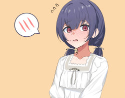 Rule 34 | 1girl, blue hair, blush, collarbone, commentary request, dress, ear blush, flying sweatdrops, full-face blush, highres, idolmaster, idolmaster shiny colors, long hair, long sleeves, looking at viewer, low twintails, morino rinze, open mouth, raised eyebrows, red eyes, short twintails, simple background, solo, speech bubble, spoken blush, suyaya oyasumi, sweat, twintails, upper body, white dress, yellow background