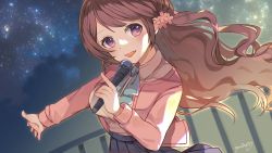 Rule 34 | 1girl, beige shirt, blue skirt, breasts, brown hair, cardigan, collared shirt, commission, floating hair, flower, hair flower, hair ornament, heart, highres, holding, holding microphone, indie virtual youtuber, long hair, looking to the side, medium breasts, microphone, music, nina saotome, pink cardigan, pink flower, po pooch, shirt, shirt tucked in, singing, skeb commission, skirt, sky, smile, solo, star (sky), starry sky, virtual youtuber