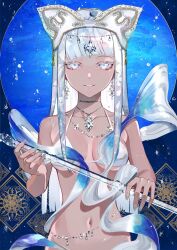 Rule 34 | 1girl, air bubble, bare shoulders, bikini, blue eyes, blunt bangs, breasts, bubble, circlet, closed mouth, collarbone, crown, dark-skinned female, dark skin, earrings, grey hair, highres, holding, jewelry, lam (ramdayo), long hair, looking at viewer, medium breasts, navel, necklace, original, parted lips, shawl, sidelocks, smile, solo, sparkle, stomach, straight hair, swimsuit, upper body, white bikini