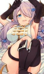 Rule 34 | 10s, 1girl, black footwear, black gloves, black thighhighs, blue eyes, blush, boots, braid, breasts, draph, elbow gloves, gloves, granblue fantasy, hair ornament, hair over one eye, haruken, horns, large breasts, light purple hair, long hair, looking at viewer, narmaya (granblue fantasy), open mouth, pointy ears, single braid, single thighhigh, sleeveless, smile, solo, thigh strap, thighhighs