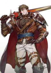 Rule 34 | 1boy, armor, belt, blue eyes, brown hair, brown jacket, cape, closed mouth, commission, dated, gauntlets, gradient background, greatsword, hair between eyes, hand on own hip, holding, holding sword, holding weapon, jacket, male focus, muscular, muscular male, original, over shoulder, pants, pectoral cleavage, pectorals, shin (sinsin12121), signature, simple background, skeb commission, solo, sword, twitter username, two-tone cape, weapon, weapon over shoulder