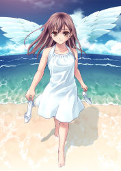 Rule 34 | 1girl, barefoot, beach, brown eyes, brown hair, day, dress, flat chest, hiroyama hiroshi, holding, holding shoes, long hair, original, outdoors, shoes, unworn shoes, smile, solo, wings