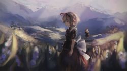 Rule 34 | 1girl, bad id, bad pixiv id, blonde hair, blurry, fairy, field, flower, flower field, hair ribbon, highres, lily of the valley, medicine melancholy, mountain, nature, nori (stak819), profile, puffy sleeves, ribbon, sash, shirt, short hair, short sleeves, skirt, solo, su-san, touhou
