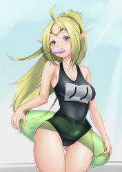 Rule 34 | 1girl, aged up, bad id, bad pixiv id, black one-piece swimsuit, bluespice, circlet, fire emblem, fire emblem awakening, food, food in mouth, green hair, innertube, long hair, nintendo, nowi (fire emblem), one-piece swimsuit, pointy ears, ponytail, popsicle, purple eyes, solo, standing, swim ring, swimsuit