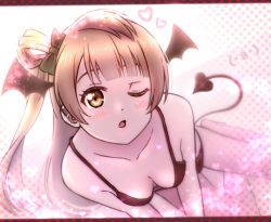 Rule 34 | 1girl, akihitohappy, blush, bow, breasts, brown eyes, cleavage, demon tail, demon wings, female focus, grey hair, hair bow, long hair, looking at viewer, love live!, love live! school idol project, medium breasts, minami kotori, one eye closed, parted lips, solo, tail, wings, wink