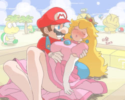 Rule 34 | 1boy, 1girl, ? block, arm around shoulder, beach, blonde hair, blue eyes, blush, breasts, brooch, cloud, constricted pupils, crown, dress, earrings, elbow gloves, closed eyes, facial hair, gloves, goomba, hat, holding, jewelry, kneeling, koopa troopa, large breasts, lips, long hair, looking at another, lying on person, mario, mario (series), mustache, nintendo, nm qi, overalls, para-biddybud, parted lips, pink dress, princess peach, puffy short sleeves, puffy sleeves, red headwear, red shirt, shirt, short sleeves, sky, super mario 3d world, thighs, translated, tree, unconscious, water, white gloves