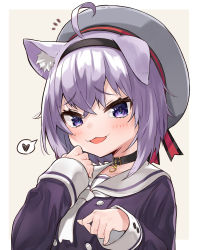 Rule 34 | 1girl, absurdres, ahoge, animal ear fluff, animal ears, beige background, beret, black collar, black hairband, blush, cat ears, collar, collarbone, commentary request, hair between eyes, hairband, hat, heart, highres, hololive, long sleeves, looking at viewer, narita tamezou, nekomata okayu, nekomata okayu (casual), parted lips, purple eyes, purple hair, purple shirt, sailor collar, shirt, sleeves past wrists, smile, solo, spoken heart, two-tone background, upper body, virtual youtuber, white background, white headwear, white neckwear, white sailor collar
