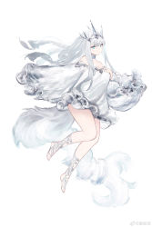 Rule 34 | 1girl, :/, absurdres, bare legs, bare shoulders, blue eyes, breasts, chinese commentary, choker, cleavage, closed mouth, collarbone, commentary, creatures (company), dress, floating hair, frilled dress, frills, full body, game freak, gen 5 pokemon, grey hair, highres, legendary pokemon, legs, long hair, looking at viewer, nintendo, off shoulder, personification, pokemon, reshiram, silver dress, simple background, slit pupils, solo, teng tang gu, thighs, tiara, weibo watermark, white background