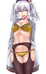 Rule 34 | 10s, 1girl, :d, beret, bra, breasts, cleavage, commentary request, female pervert, hat, ishii hisao, kantai collection, kashima (kancolle), lingerie, long hair, looking at viewer, navel, open mouth, panties, pervert, grey eyes, silver hair, simple background, smile, solo, thighhighs, twintails, underwear, undressing, white background, yellow bra, yellow panties