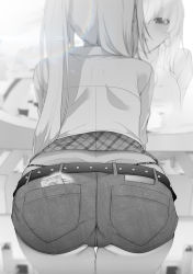Rule 34 | 1girl, animal print, ass, ass focus, belt, collared shirt, commentary request, condom, condom in clothes, condom wrapper, denim, denim shorts, from behind, gyaru, highres, lens flare, leopard print, mirror, monochrome, original, panty straps, reflection, ryouma (galley), shirt, shorts, solo, thong, twintails, whale tail (clothing)
