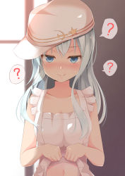 Rule 34 | 10s, 1girl, ?, aibumi, apron, apron lift, blush, clothes lift, collarbone, commentary request, flat cap, grey eyes, hammer and sickle, hat, hibiki (kancolle), highres, kantai collection, long hair, looking at viewer, naked apron, navel, out-of-frame censoring, pen-zin, silver hair, smile, solo, spoken question mark, star (symbol), upper body, verniy (kancolle), window