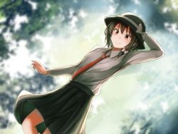 Rule 34 | 1girl, blurry, bow, brown eyes, brown hair, collared shirt, depth of field, dutch angle, fedora, fumei (mugendai), hair bow, hand on own head, hat, hat bow, necktie, red necktie, shirt, short hair, skirt, smile, solo, touhou, usami renko
