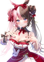 Rule 34 | 1girl, bare shoulders, beads, blue eyes, blush, bow, bowtie, bra, breasts, brown bra, brown hair, cleavage, commentary request, detached sleeves, double bun, dress, food, food-themed hair ornament, food print, fruit, hair bow, hair bun, hair ornament, hands on own chest, highres, lace, lace-trimmed bra, lace trim, large breasts, long hair, looking at viewer, medium breasts, multicolored hair, pink bow, pink bra, pink hair, red bow, red bowtie, red nails, red skirt, simple background, skirt, solo, split-color hair, strawberry, strawberry hair ornament, strawberry print, swept bangs, tachibana hinano (vtuber), toki (toki ship8), twintails, two-tone hair, underwear, virtual youtuber, vspo!, white background, white dress