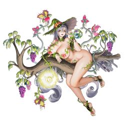 Rule 34 | 1girl, :p, @ @, absurdly long hair, ass, branch, breasts, circe (last origin), detached collar, feet, flower bikini, food, fruit, full body, game cg, grapes, green eyes, hair between eyes, hat, highres, huge breasts, last origin, long hair, looking at viewer, nail polish, official art, open mouth, plant, potion, silver hair, solo, straddling, tachi-e, taesi, thighs, tongue, tongue out, transparent background, very long hair, vines, witch, witch hat