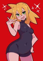 1girl absurdres bare_shoulders black_bodysuit blonde_hair blush bodysuit breasts buzzlyears covered_collarbone covered_navel cowboy_shot fang green_eyes highres medium_hair mega_man_(series) mega_man_legends_(series) open_mouth red_background red_eyes roll_caskett_(mega_man) simple_background skin_fang small_breasts smug solo