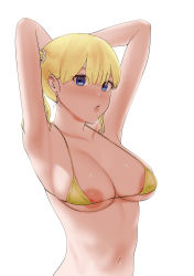 Rule 34 | 1girl, absurdres, areola slip, armpits, arms behind head, arms up, bikini, blonde hair, blue eyes, blush, breasts, cleavage, highres, looking at viewer, micro bikini, navel, nipple slip, nipples, original, parted lips, simple background, solo, sweatdrop, swimsuit, tantanmen72, twintails, white background, yellow bikini