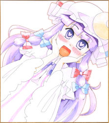 Rule 34 | 1girl, arnest, bow, crescent, female focus, hair bow, hat, heart, heart-shaped pupils, long hair, marker (medium), millipen (medium), open mouth, patchouli knowledge, purple eyes, purple hair, shikishi, solo, symbol-shaped pupils, touhou, traditional media