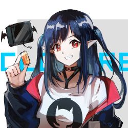 Rule 34 | 1girl, arknights, black choker, black hair, black jacket, breasts, character name, choker, closure (arknights), commentary request, grin, hair between eyes, holding, id card, jacket, lanyard, long hair, long sleeves, looking at viewer, open clothes, open jacket, pointy ears, red eyes, shirt, small breasts, smile, solo, teeth, thigh strap, tianye toshi, upper body, white shirt