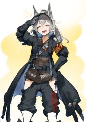 Rule 34 | 1girl, absurdres, animal ears, arknights, armband, bad id, bad pixiv id, black coat, black gloves, black pants, brown shirt, coat, commentary, closed eyes, feet out of frame, gloves, grani (arknights), grey hair, hair between eyes, hand on own hip, highres, hip vent, horse ears, issenniki, long hair, open clothes, open coat, open mouth, pants, salute, shirt, sketch, solo, sparkle, standing