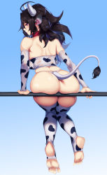 Rule 34 | 1girl, absurdres, animal ears, animal print, ass, bare back, bare shoulders, black hair, blue background, blueorca, breasts, commentary, cow, cow ears, cow girl, cow hat, cow print, cow tail, gradient background, highres, horns, large breasts, long hair, original, print sleeves, sitting, sitting on handrail, soles, solo, stirrup legwear, tail, thighhighs, thong, toeless legwear, toes