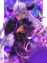 Rule 34 | 1girl, absurdres, ahoge, black coat, black horns, black nails, braid, braided bangs, coat, covering one eye, demon girl, demon horns, double-parted bangs, frontrivers kae, glowing, glowing eye, grey hair, highres, hololive, horns, la+ darknesss, la+ darknesss (1st costume), looking at viewer, magic, multicolored hair, neckerchief, open mouth, pantyhose, pointy ears, purple hair, purple pantyhose, sleeves past wrists, slit pupils, smile, solo, streaked hair, striped horns, trench coat, virtual youtuber, yellow eyes, yellow neckerchief