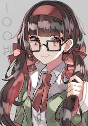 Rule 34 | 1girl, alternate costume, alternate hairstyle, alternate headwear, aogisa, text background, bad id, bad pixiv id, black hair, bow, breasts, buttons, closed mouth, coat, earrings, girls&#039; frontline, glasses, green coat, grey hair, hair ribbon, hairband, highres, holding, holding hair, jewelry, long hair, long sleeves, looking at viewer, red bow, red eyes, red hairband, red ribbon, ribbon, shiny skin, shirt, simple background, smile, solo, twintails, type 100 (girls&#039; frontline), white shirt