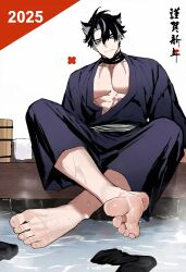 1boy 2025 barefoot black_hair black_socks blue_eyes blue_kimono bucket closed_mouth genshin_impact grey_hair happy_new_year highres japanese_clothes kimono linklink1 looking_at_viewer male_focus multicolored_hair new_year pectorals sash socks solo toes towel unworn_socks wet wooden_bucket wriothesley_(genshin_impact)