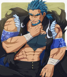 Rule 34 | 1boy, abs, armband, artist name, bandaged wrist, bandages, bara, beard, biceps, blue hair, bucchigiri?!, chest hair, facial hair, feet out of frame, hand on own chin, highres, jacket, kenchiro (bucchigiri?!), large pectorals, male focus, manly, mature male, muscular, muscular male, open clothes, open jacket, pants, pectorals, ponytail, scar, signature, simple background, sleeveless, smirk, solo, spiked hair, takao oz, thick arms, thick eyebrows, tongue, torn clothes