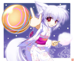 Rule 34 | 1girl, :d, animal ears, ball, blush, cotton candy, cowboy shot, fang, floral print, food, holding, holding food, inubashiri momiji, iwaki hazuki, japanese clothes, kimono, light particles, long sleeves, looking at viewer, obi, open mouth, outstretched arm, red eyes, sash, short hair, silver hair, simple background, smile, solo, tail, tooth, touhou, wide sleeves, wolf ears, wolf tail, yukata