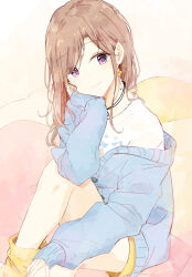 Rule 34 | 1girl, blue cardigan, brown hair, cardigan, closed mouth, hand on own face, head rest, highres, long sleeves, looking at viewer, medium hair, mole, mole on neck, original, purple eyes, shiina kuro, shirt, shorts, smile, solo, white shirt, yellow shorts