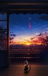 Rule 34 | calico, cat, cloud, commentary request, commission, evening, field, highres, lamppost, mountain, mountainous horizon, no humans, original, pixiv commission, power lines, railing, rice paddy, road, scenery, sky, sliding doors, star (sky), starry sky, sun, sunset, tree, utility pole, veranda, vinci v7, wind chime, wind chime focus, wooden floor