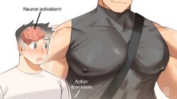 Rule 34 | 2boys, bara, between pectorals, blush, brain, covered erect nipples, drooling, english text, head out of frame, heithanoll, highres, large pectorals, looking at another, male focus, meme, multiple boys, muscle awe, muscular, muscular male, neuron activation (meme), original, pectorals, shirt, short hair, sideburns, sleeveless, sleeveless shirt, smirk, taut clothes, taut shirt, thick eyebrows, upper body, white background, yaoi