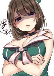 Rule 34 | 10s, 1girl, absurdres, bad id, bad twitter id, beret, blue eyes, breasts, brown hair, buta tamako, choker, cleavage, commentary, crossed arms, artistic error, eyebrows, from below, hair ornament, hat, highres, jitome, kantai collection, large breasts, looking at viewer, looking down, maya (kancolle), maya kai ni (kancolle), shaded face, short hair, simple background, solo, upper body, white background, x hair ornament
