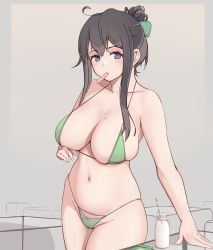 Rule 34 | 1girl, ahoge, bikini, black hair, blue eyes, bottle, bow, breasts, collarbone, folait, green bikini, green bow, grey background, hair bow, highres, large breasts, looking at viewer, milk, milk bottle, mole, mole on arm, mole on breast, mole on stomach, mouth hold, navel, original, solo, swimsuit